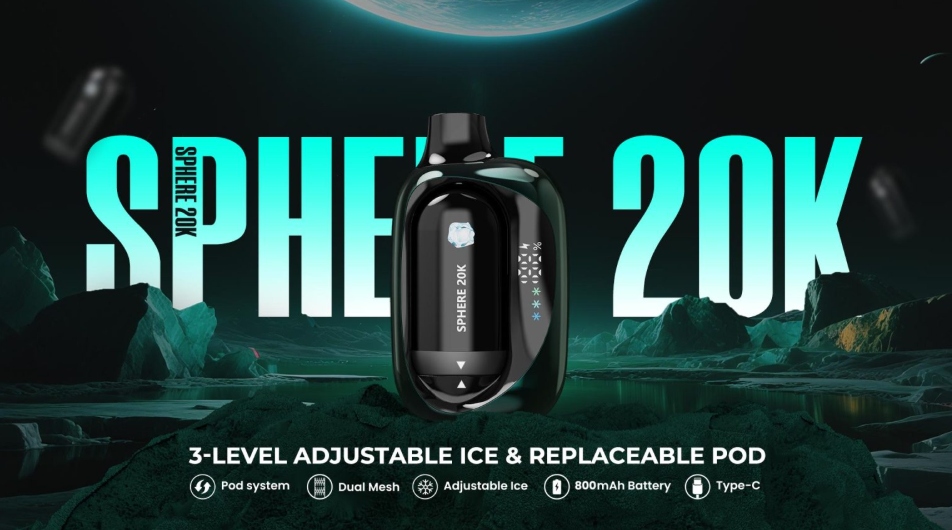 the vape sphere 20k with 3 level adjustable ice and replaceable pod