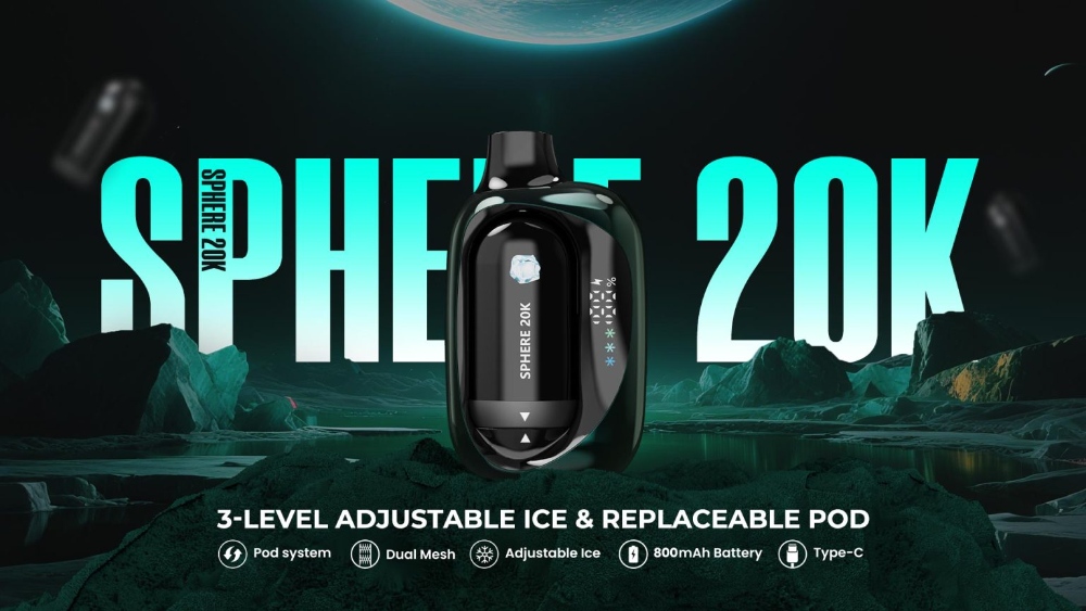Wafoo SPHERE 20K vape device, highlighting dual mesh, a replaceable pod, and 3-level adjustable ice